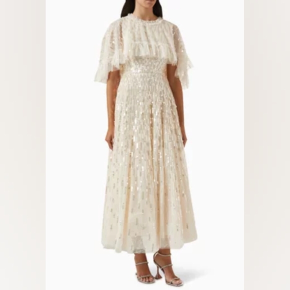 Needle & Thread Dresses & Skirts - NEEDLE AND THREAD Women's 16 Beige Sequin Dash Cape Ankle Gown Tulle Dress New.